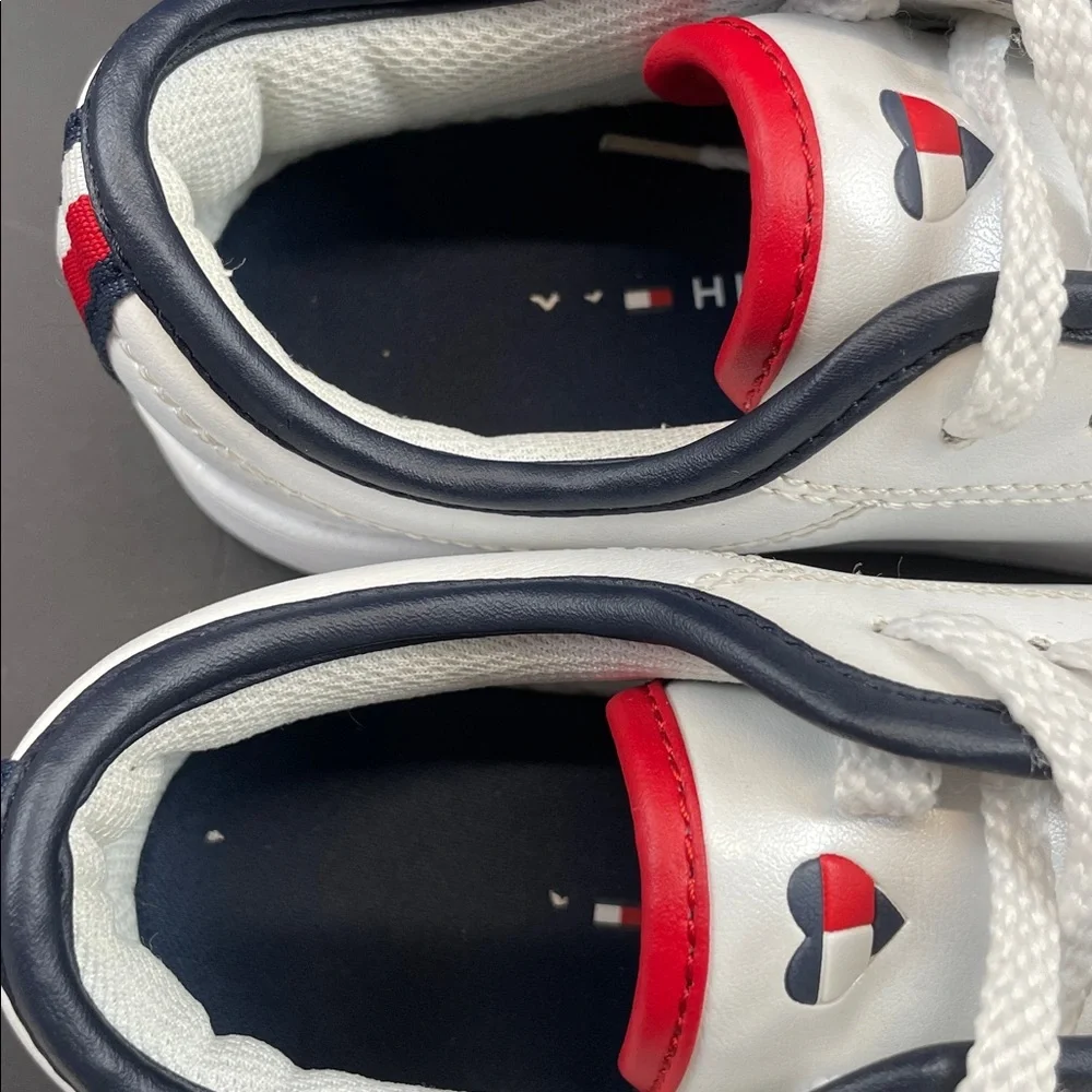 Tommy Hilfiger White Faux Leather Sneakers Youth Size 1 Navy Red Trim